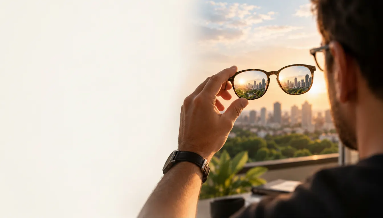 Homem segurando óculos de grau com reflexo de cidade ao pôr do sol nas lentes