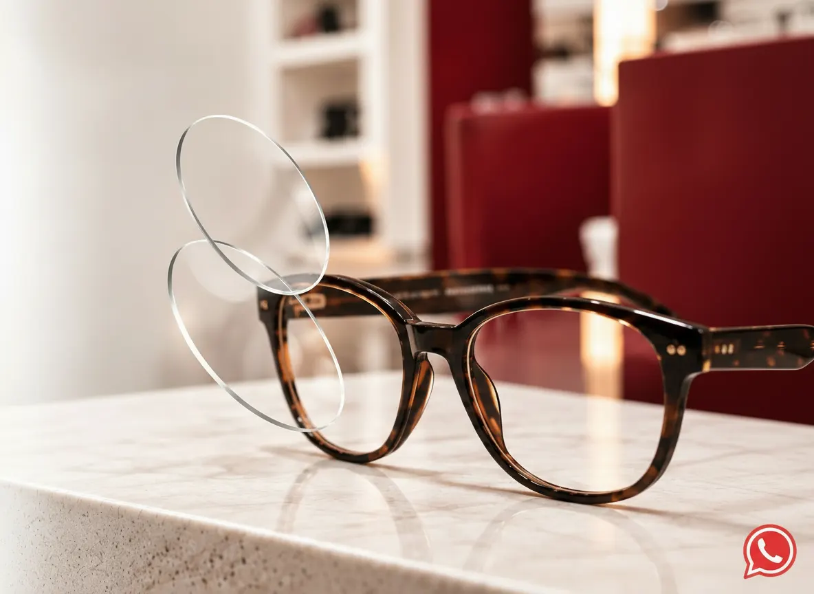 Armação com lentes sobre balcão de mármore na Ótica Medusa